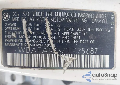 2001 BMW X5 3.0 из США, поврежденный, VIN WBAFA53521LP25687